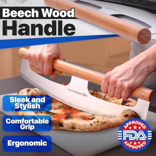 kitchen-star KitchenStar 14-Inch Pizza Cutter Rocker Blade - Razor Sharp Stainless Steel Slicer Knife, Stylish Beech Wood Handle, Protective Cover - Professional Pizza Oven Accessories, Silver - Image 4