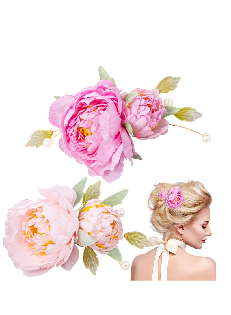 SYOSI 2 Pack Silk Flower Hair Clips for Women, 2 in 1 Flower Brooch, Pearl Floral Hair Styling Pins Barrettes for Women Girls Brides Party Wedding Decor Hair Buns Updo Holder Accessories- Pink & Red - Image 1