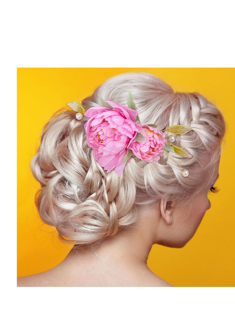 SYOSI 2 Pack Silk Flower Hair Clips for Women, 2 in 1 Flower Brooch, Pearl Floral Hair Styling Pins Barrettes for Women Girls Brides Party Wedding Decor Hair Buns Updo Holder Accessories- Pink & Red - Image 2
