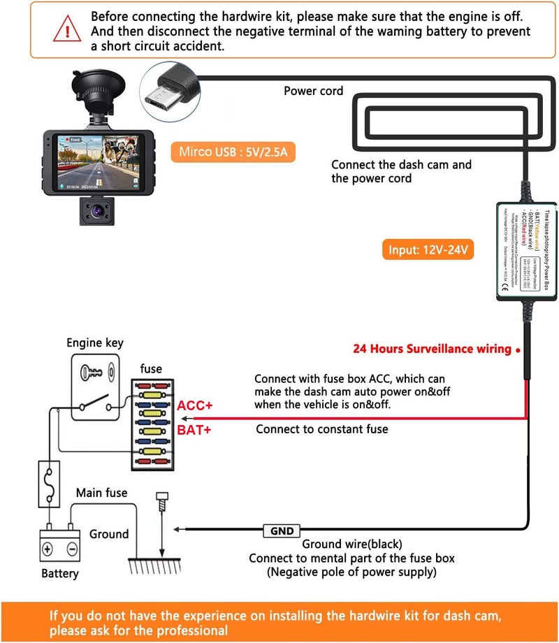 Gebildet مجموعة توصيل كاميرا داش كام الصلبة، منفذ ميكرو USB، DC 12V - 24V إلى 5V/2.5A كابل شاحن السيارة مع فيوز، حماية من الجهد المنخفض لكاميرات داش كام - Image 3