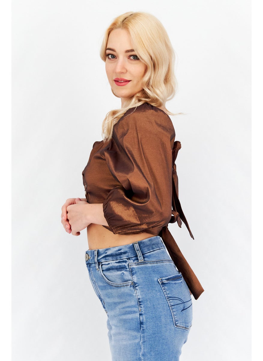Hosbjerg - Women V-Neckline Balloon Sleeve Elora Buckle Cropped Top, Wallnut - Image 1