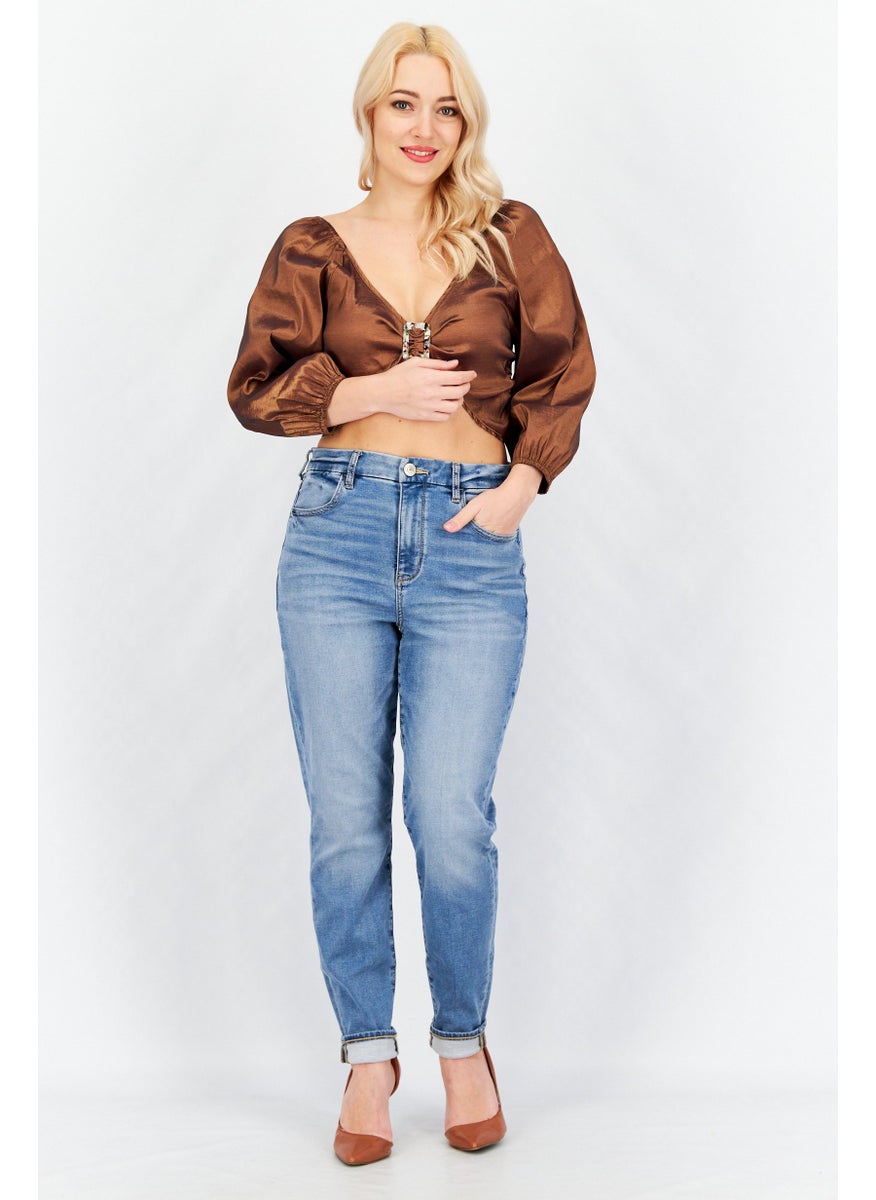 Hosbjerg - Women V-Neckline Balloon Sleeve Elora Buckle Cropped Top, Wallnut - Image 1