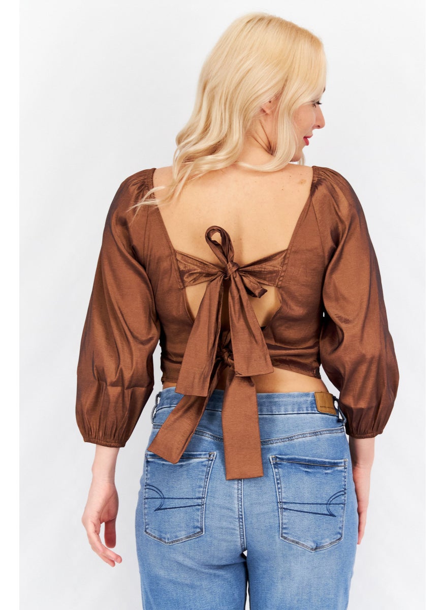 Hosbjerg - Women V-Neckline Balloon Sleeve Elora Buckle Cropped Top, Wallnut - Image 1
