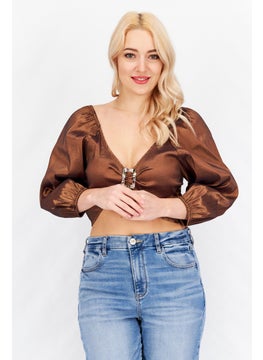 Women V-Neckline Balloon Sleeve Elora Buckle Cropped Top, Wallnut