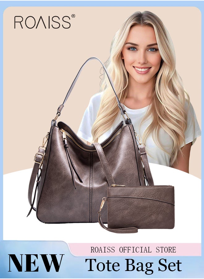 roaiss Large Crossbody Bags Ladies Shoulder Handbags Purse Set for Women Hobo Totes PU Leather Purses and Handbags Shoulder Bag Vegan Leather Tote Brown  - Image 1