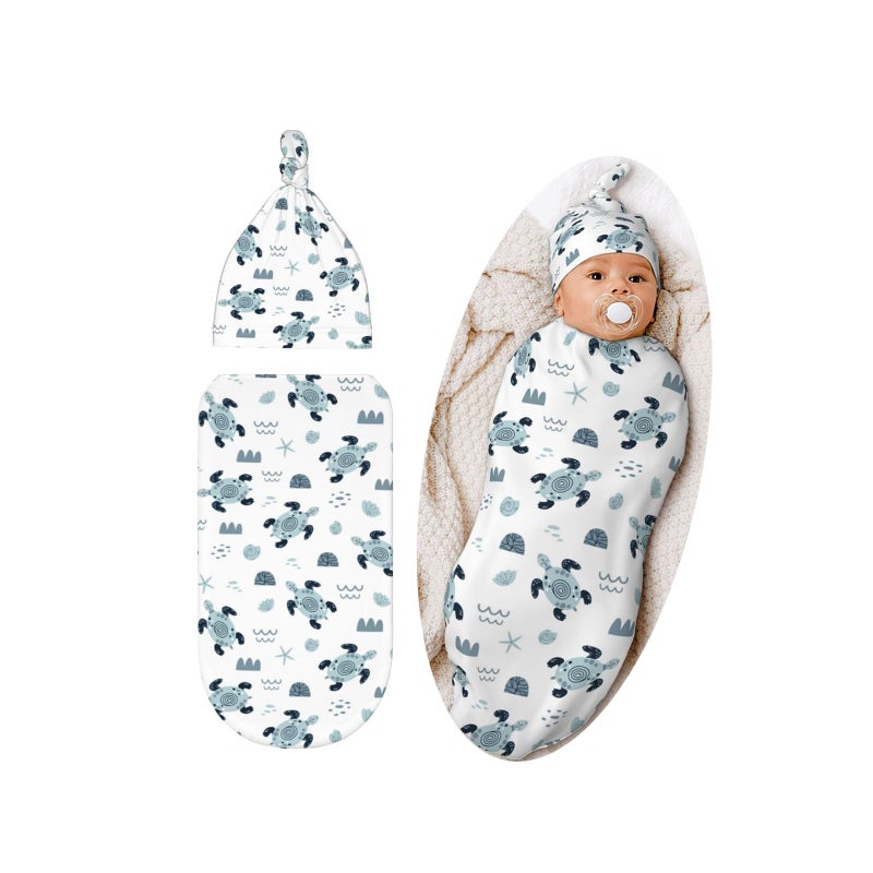 Lcokin Sea Turtle Baby Stuff Swaddle Blanket Set with Beanie Hat for Boys and Girls, Soft and Stretchy Newborn Swaddle Wrap Blanket Shower Gift - Image 1
