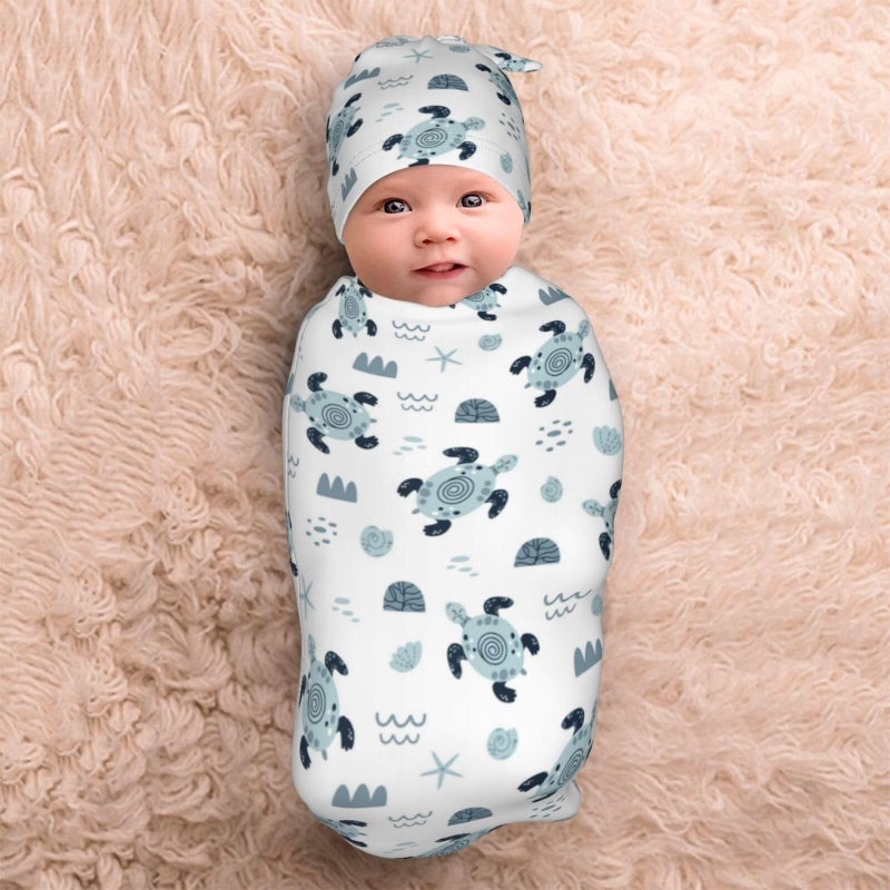 Lcokin Sea Turtle Baby Stuff Swaddle Blanket Set with Beanie Hat for Boys and Girls, Soft and Stretchy Newborn Swaddle Wrap Blanket Shower Gift - Image 5