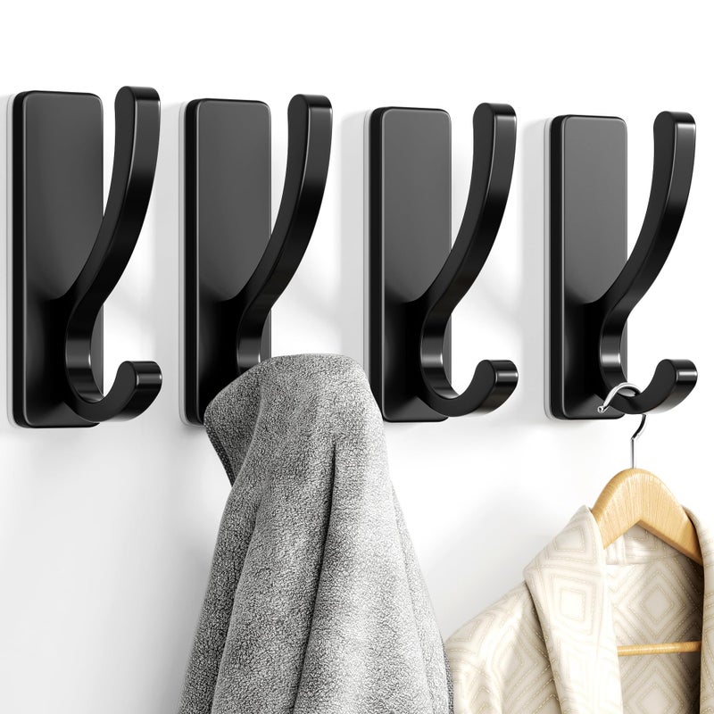 pickpiff Adhesive Wall Hooks for Towels - Sticky Hook Hanging Heavy Duty (13lb), Hanger for Door, Bathroom, Dorm, Closet - for Coats, Purse, Bag, Robe - No Damage to Wall - Black 4 Pack - Image 1