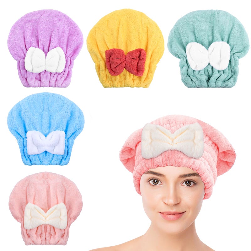 Kldnkig Microfiber Hair Drying Caps, 5-Pack Extra Soft and Ultra Absorbent Fast-Drying Hair Turban Wraps, Shower Caps for Girls and Women with Cute Bowtie Designï¼ˆ11" L x 10" Wï¼‰ - Image 1