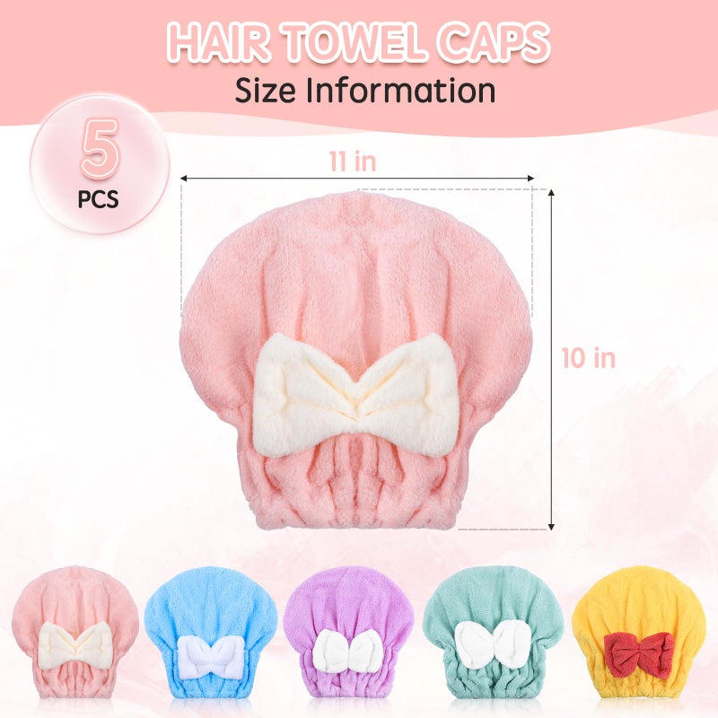 Kldnkig Microfiber Hair Drying Caps, 5-Pack Extra Soft and Ultra Absorbent Fast-Drying Hair Turban Wraps, Shower Caps for Girls and Women with Cute Bowtie Designï¼ˆ11" L x 10" Wï¼‰ - Image 3