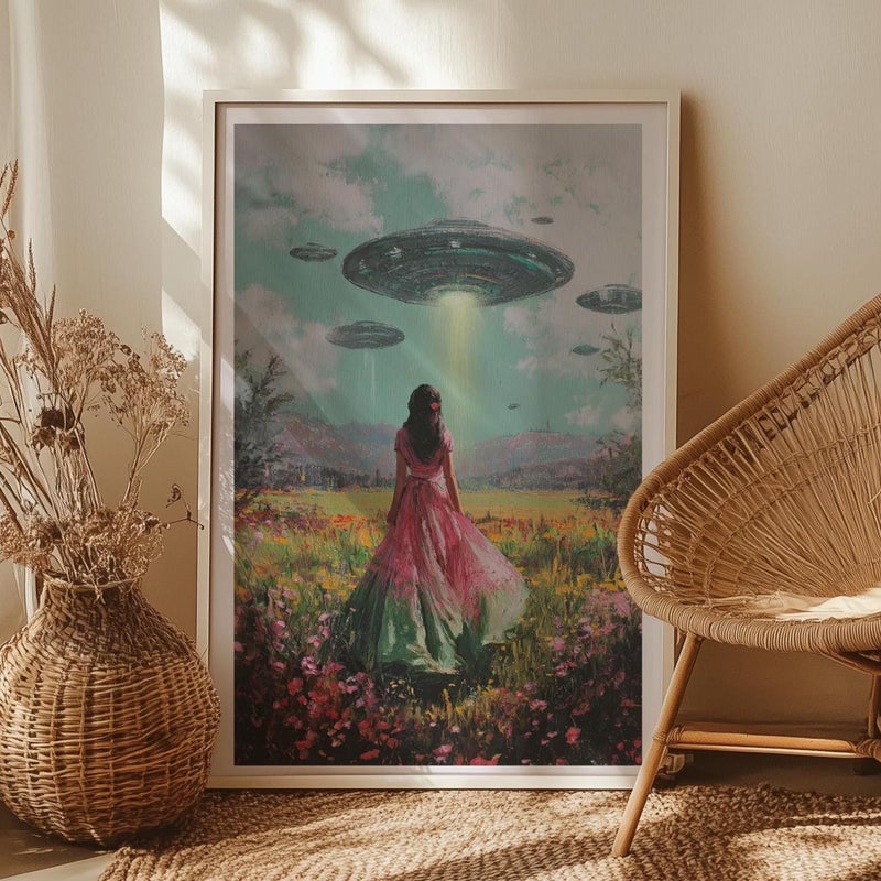 TNESSENTIAL Alien Abduction Wall Art Poster or Canvas Print, Vintage Girl and UFO Spaceship Painting, Surreal Extraterrestrial Whimsical Landscape Print - Image 1