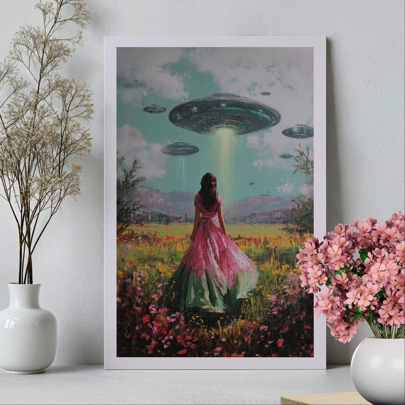 TNESSENTIAL Alien Abduction Wall Art Poster or Canvas Print, Vintage Girl and UFO Spaceship Painting, Surreal Extraterrestrial Whimsical Landscape Print - Image 5