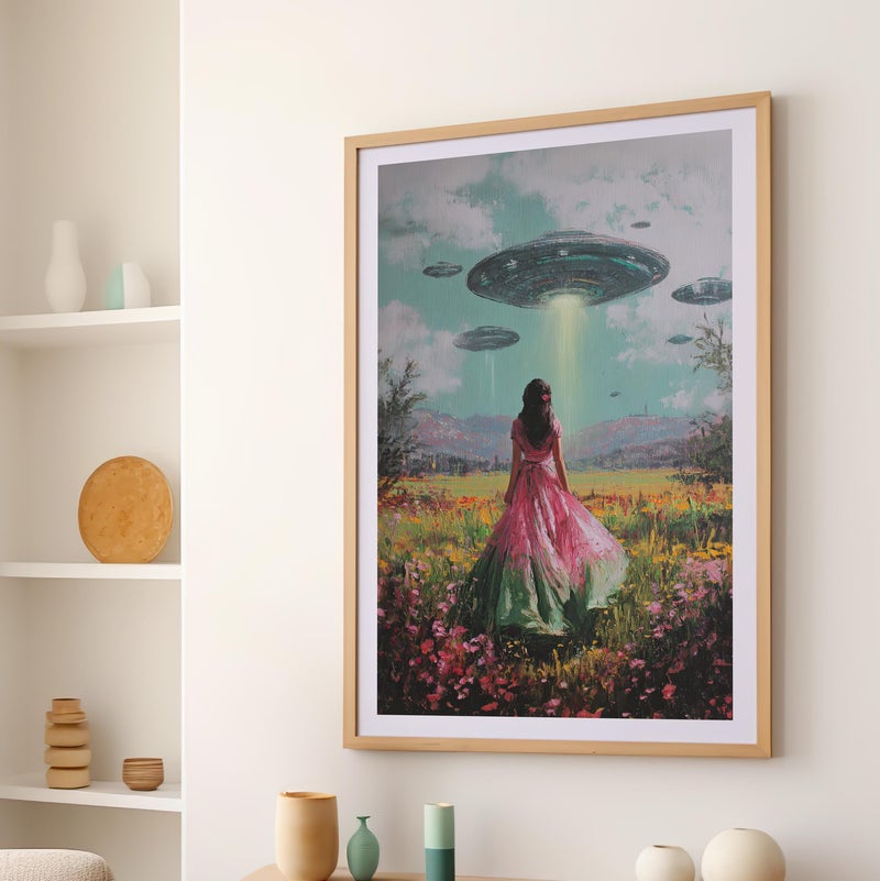 TNESSENTIAL Alien Abduction Wall Art Poster or Canvas Print, Vintage Girl and UFO Spaceship Painting, Surreal Extraterrestrial Whimsical Landscape Print - Image 3