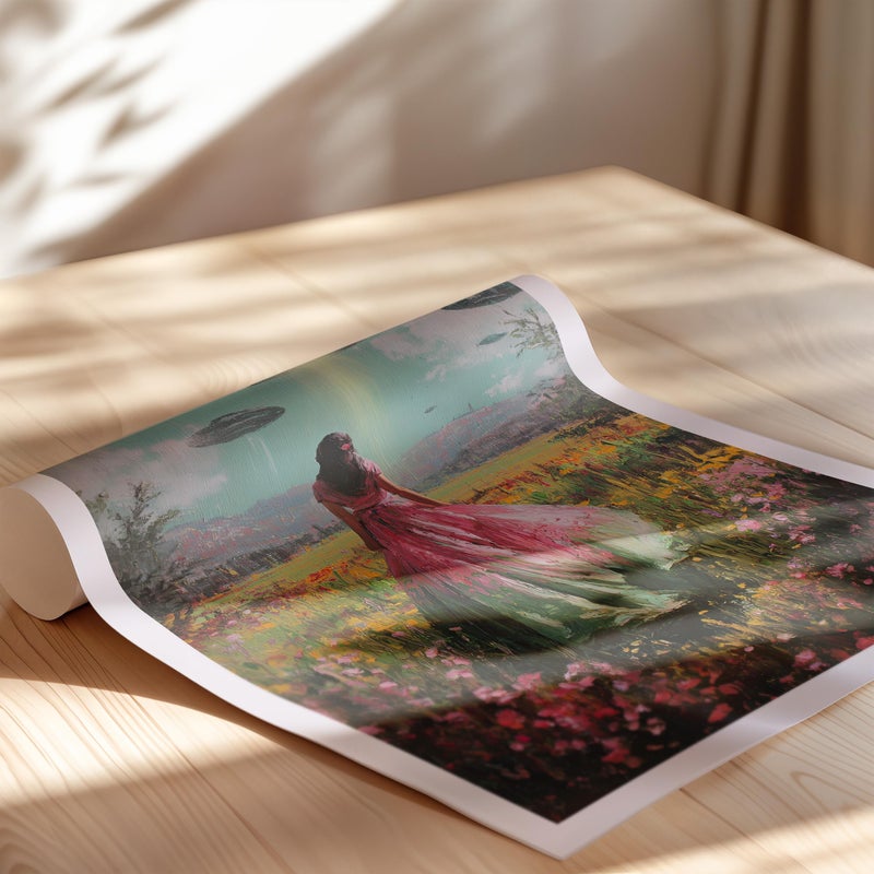 TNESSENTIAL Alien Abduction Wall Art Poster or Canvas Print, Vintage Girl and UFO Spaceship Painting, Surreal Extraterrestrial Whimsical Landscape Print - Image 2