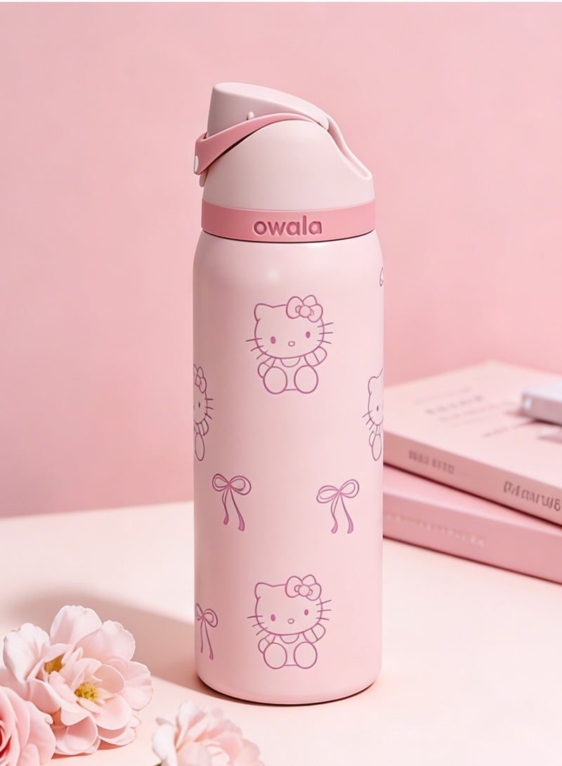 زجاجة ماء معزولة من الستانلس ستيل FreeSip مع شفاطة للاستخدام الرياضي والسفر والمدرسة، زجاجة رياضية خالية من BPA – لون وردي بنقشة كيتي، سعة 32 أونصة - Image 1