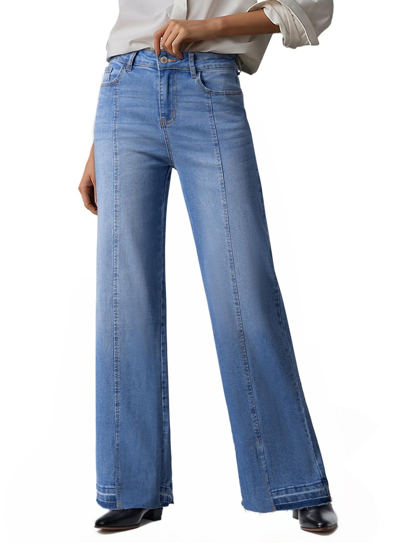 EVALESS Straight Leg Jeans for Women High Waist Wide Leg Frayed Baggy Raw Hem Boyfriends Trousers 2026 Fashion Trendy Stretchy Denim Pants,Myosotis Size 14 - Image 1