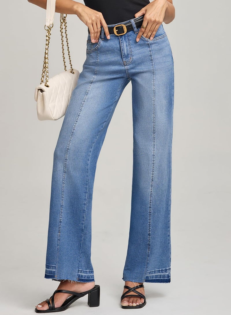 EVALESS Straight Leg Jeans for Women High Waist Wide Leg Frayed Baggy Raw Hem Boyfriends Trousers 2026 Fashion Trendy Stretchy Denim Pants,Myosotis Size 14 - Image 3
