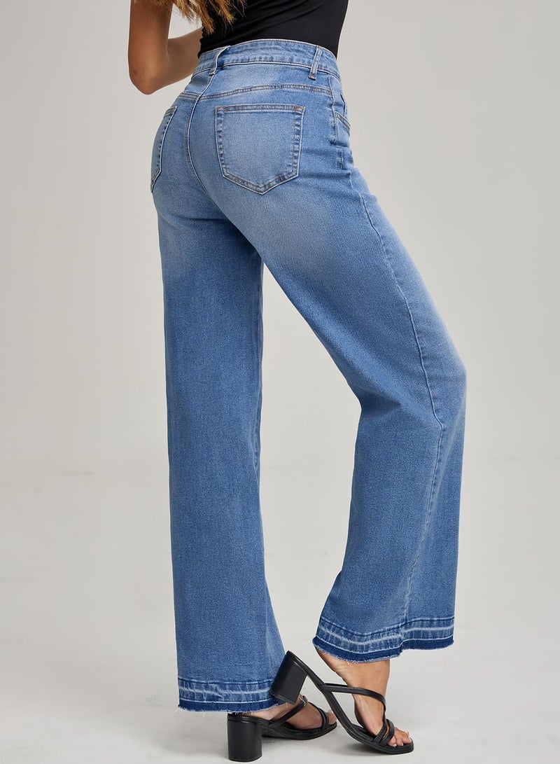 EVALESS Straight Leg Jeans for Women High Waist Wide Leg Frayed Baggy Raw Hem Boyfriends Trousers 2026 Fashion Trendy Stretchy Denim Pants,Myosotis Size 14 - Image 4