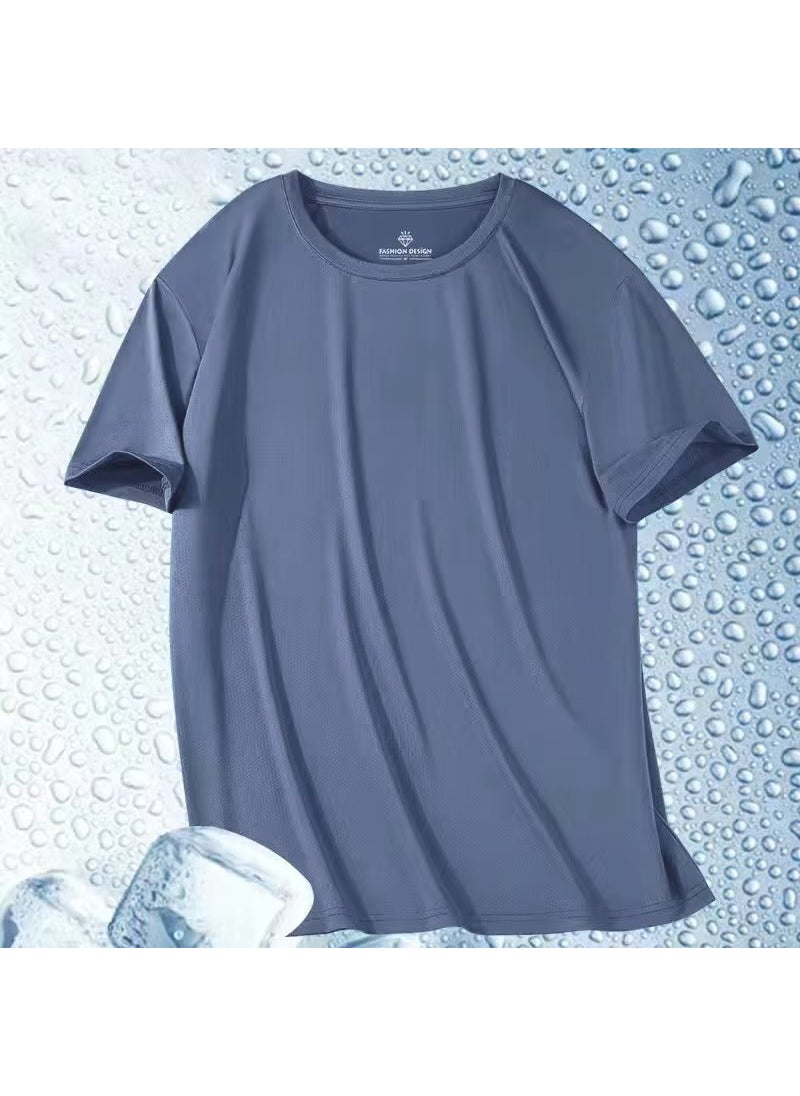 Generic - Summer New Ice Silk Quick Dry T-Shirt Mens Short Sleeves Sports Cool Mesh Body T-Shirt Loose Fit Fitness Casual Top YST 608 Fog Blue - Image 1