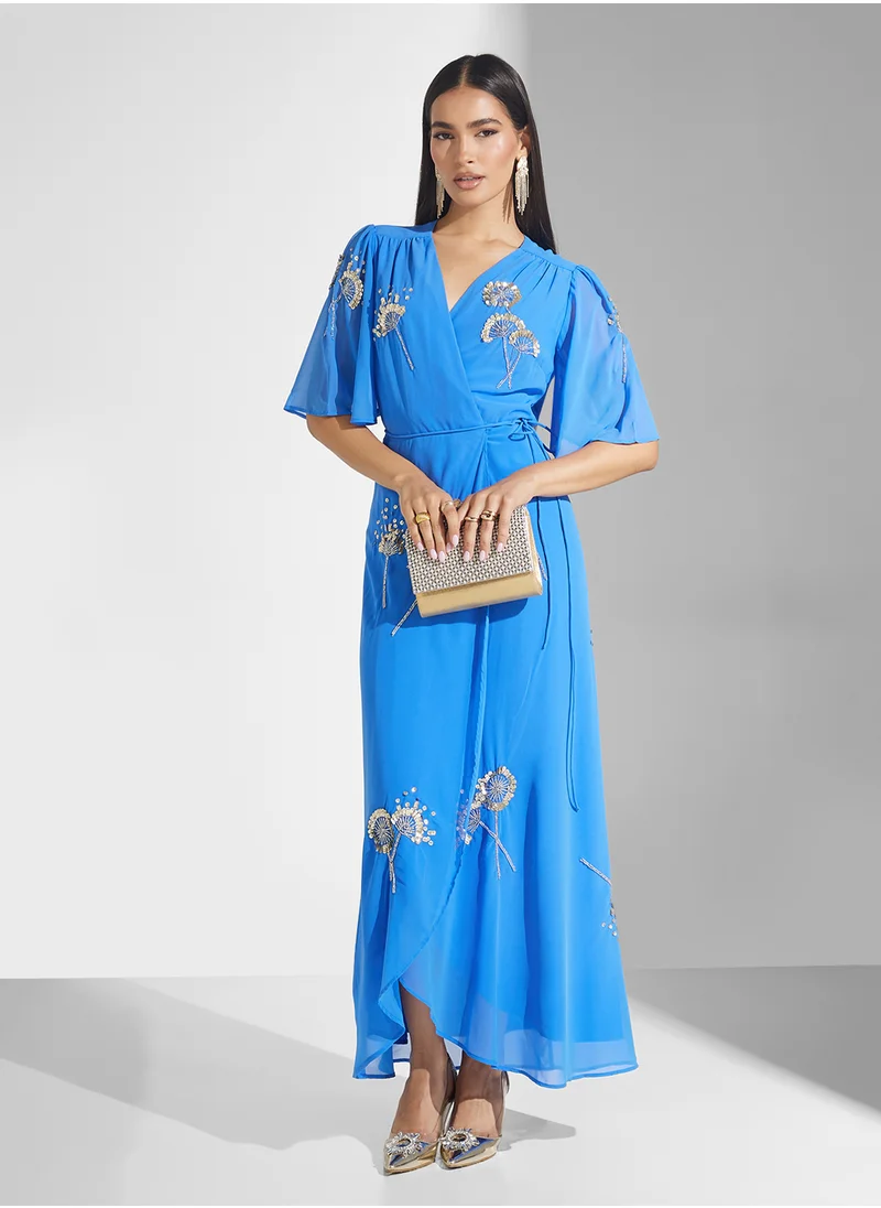 Hope & Ivy Embellished Flutter Sleeve Maxi Wrap Dress