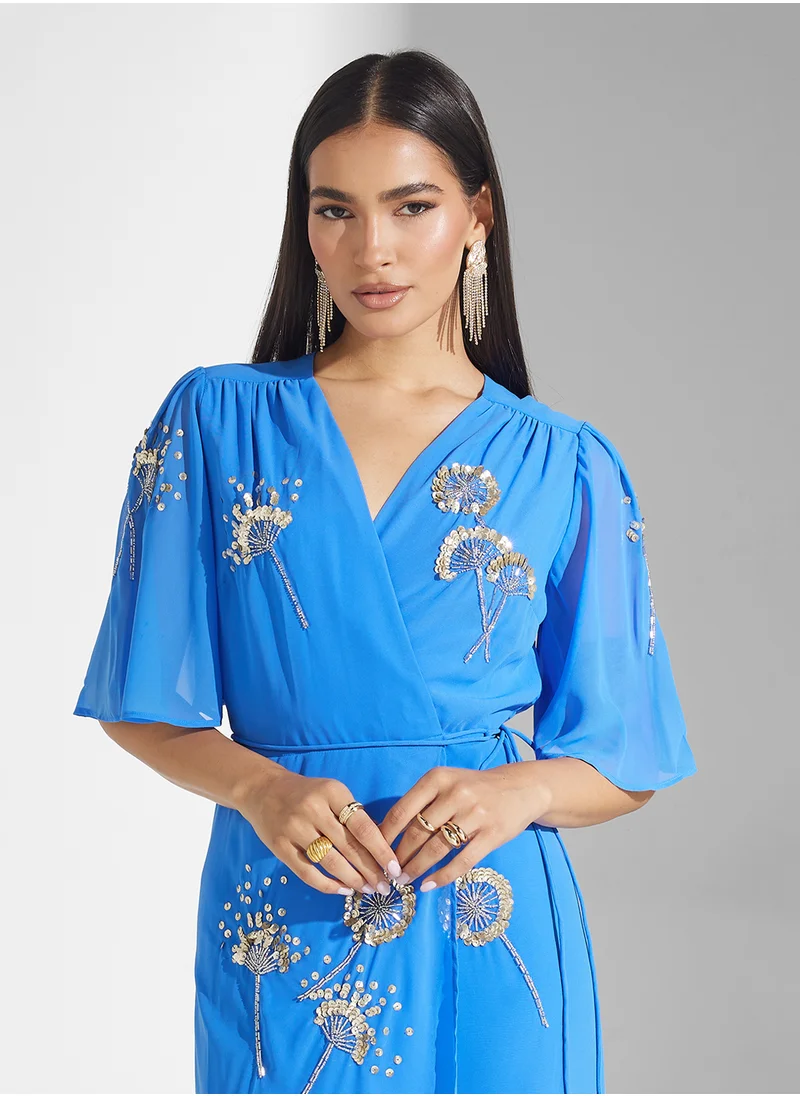 Hope & Ivy Embellished Flutter Sleeve Maxi Wrap Dress