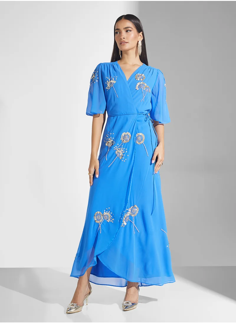 Hope & Ivy Embellished Flutter Sleeve Maxi Wrap Dress