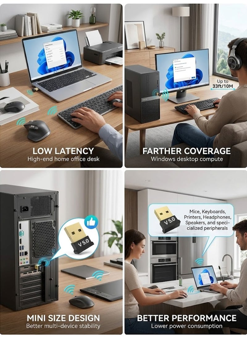 JOYFOCUS USB Bluetooth Adapter, 5.0 Bluetooth Adapter Receiver Supports Windows 11/10/8.1/7, Suitable For Desktops, Laptops, Mice, Keyboards, Printers, Headphones, Speakers - Image 2