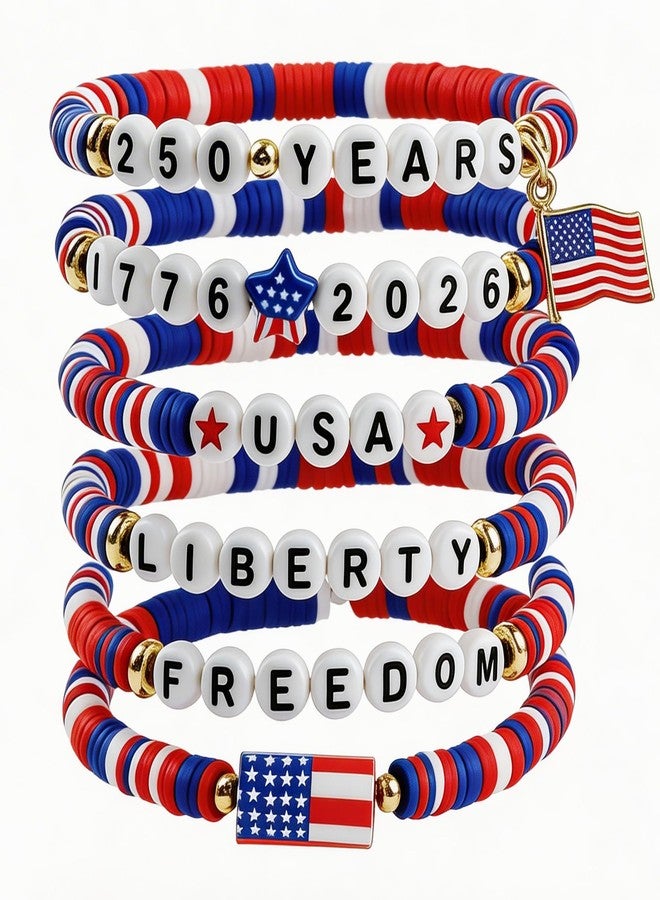 OHOME 4th of July Outfits for Women - 6 Pack 250th Anniversary Patriotic Bracelets | Independence Day Accessories for Fourth of July Party Favors | USA 1776-2026 Freedom Merchandise Jewelry for Women - Image 1