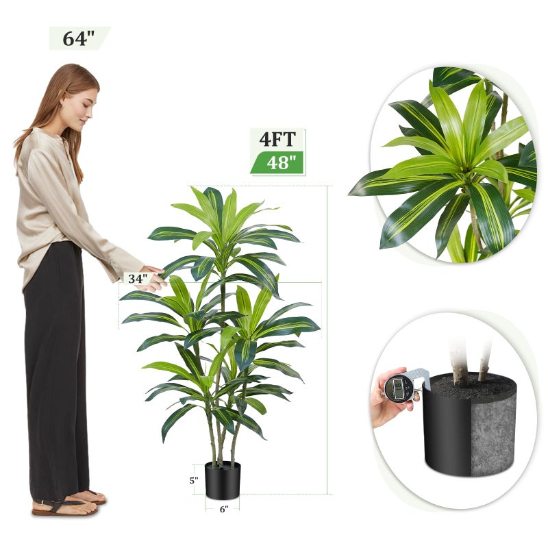 ZEEOZE Dracaena Plant Artificial Tree 4Ft Tall Fake Tropical Floor Plants Potted (Real Touch) Artificial Silk Tree Leaf Faux Trees Black Tall Planter for Home Office Living Room Indoor Outdoor Decor - Image 5