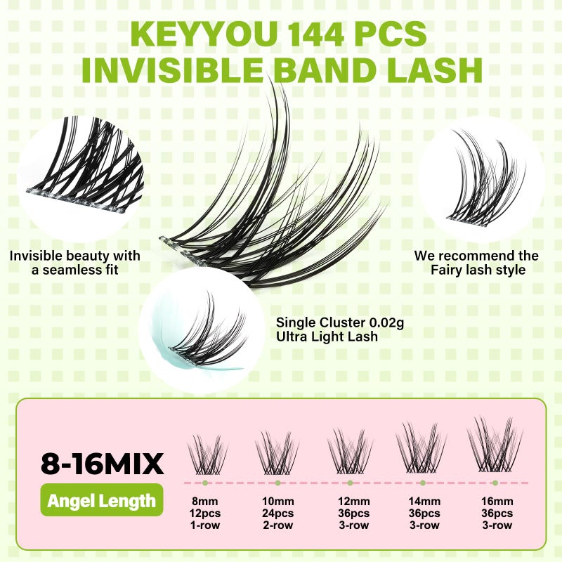 KEYYOU Fairy Angel Lash Clusters Manga Lash Extension D Curl 144Pcs Eyelash Extension Wispy Natural Invisible Band Lash with Waterproof DIY Lash Extension at Home(Angel-D-8-18MIX) - Image 2