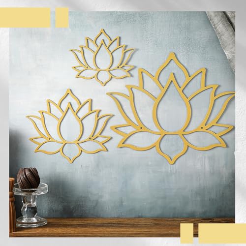 Ferraycle 3 Pieces Metal Lotus Flower Wall Decor Metal Zen Lotus Flower Wall Art Inhale Hollow out Signs Hanging Silhouette Exhale for Bedroom Bathroom Kitchen Garden Hotel Decorations(Gold) - Image 3