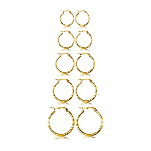 BMMYE 5 Pairs Small Gold Hoop Earrings for Women, Stainless Steel Hoops Set with 14 Karat Gold Plated, Mens Lightweight Thin Hypoallergenic Nickel Free Cartilage Earings - Image 1