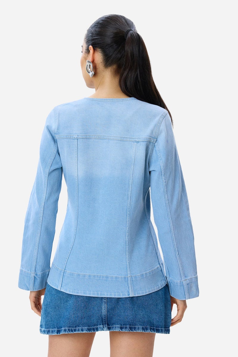 Virgio Solid Cotton Faded Traditional Denim Blazer for Women - Image 4
