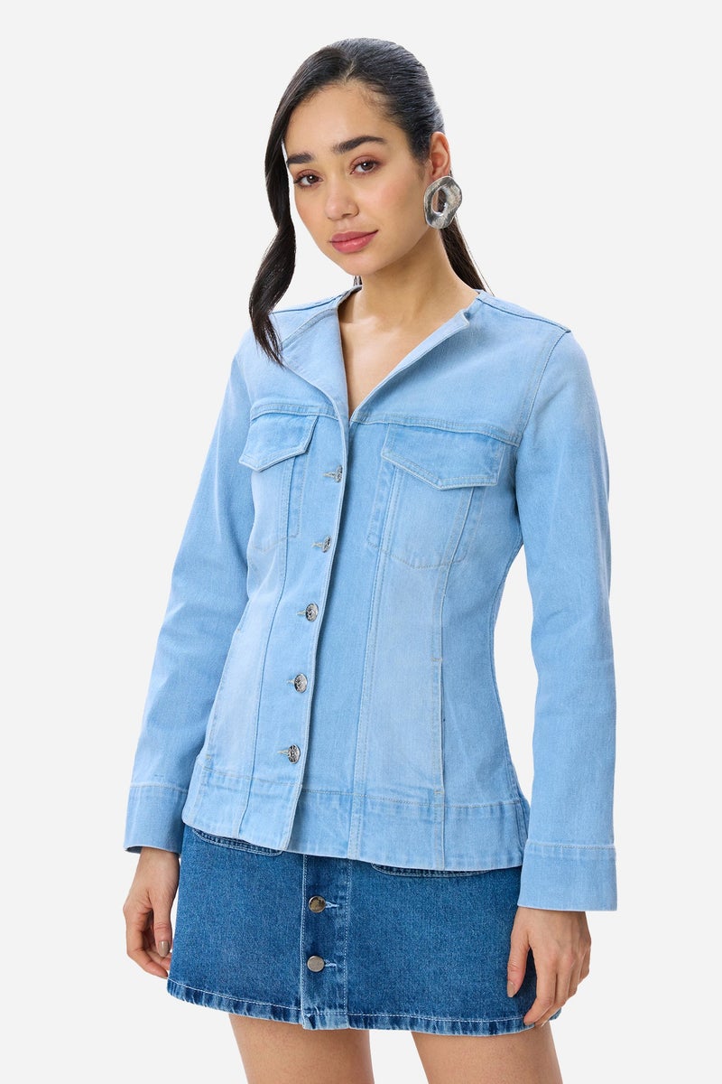 Virgio Solid Cotton Faded Traditional Denim Blazer for Women - Image 1