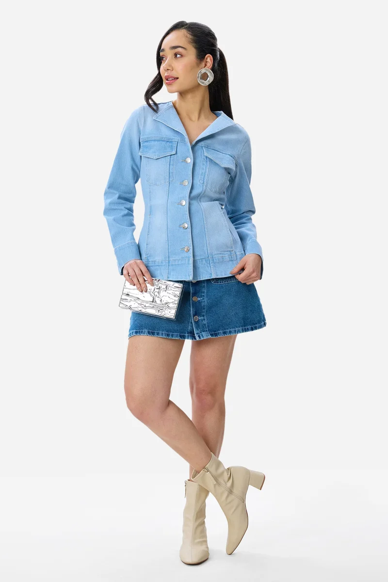 Virgio Solid Cotton Faded Traditional Denim Blazer for Women