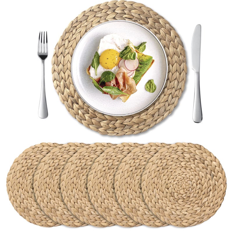 6 Pack 138 Woven Placemats Natural HandWoven Water Hyacinth Placemats Round Braided Rattan Tablemats for Dining Table Large Weave Round Place Mats Heat Resistant NonSlip Table Mats 138 Inch
