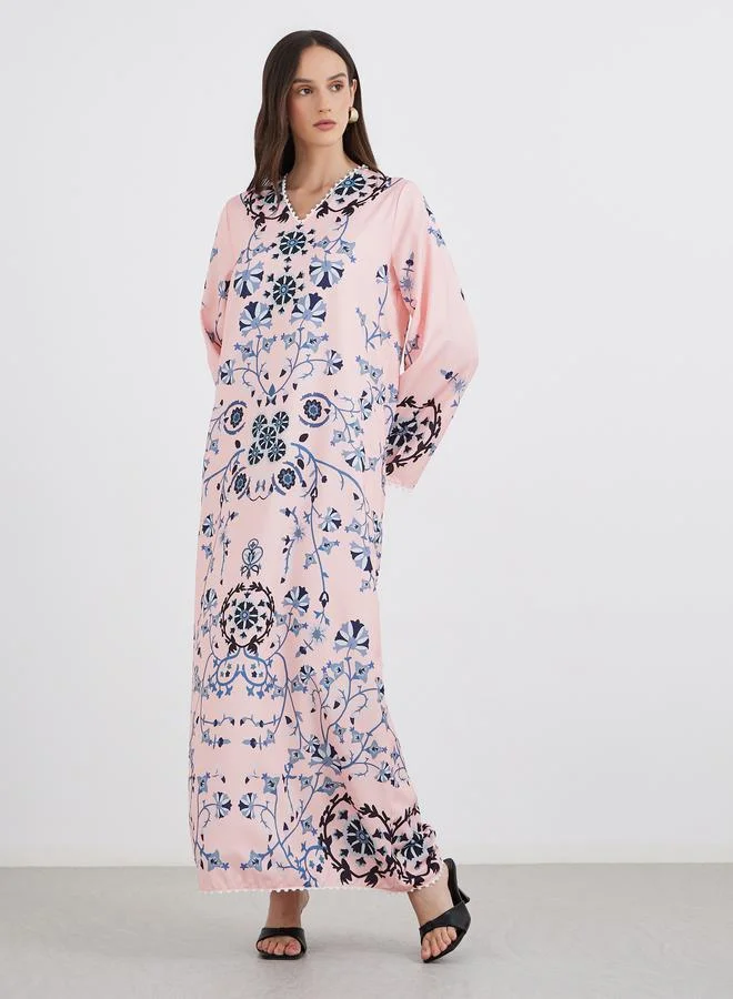 Amirah Amirah Peach Floral Print V Neck Jalabiya