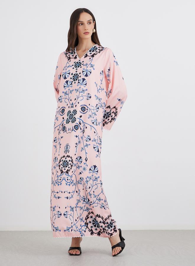 Amirah Peach Floral Print V Neck Jalabiya - Image 2