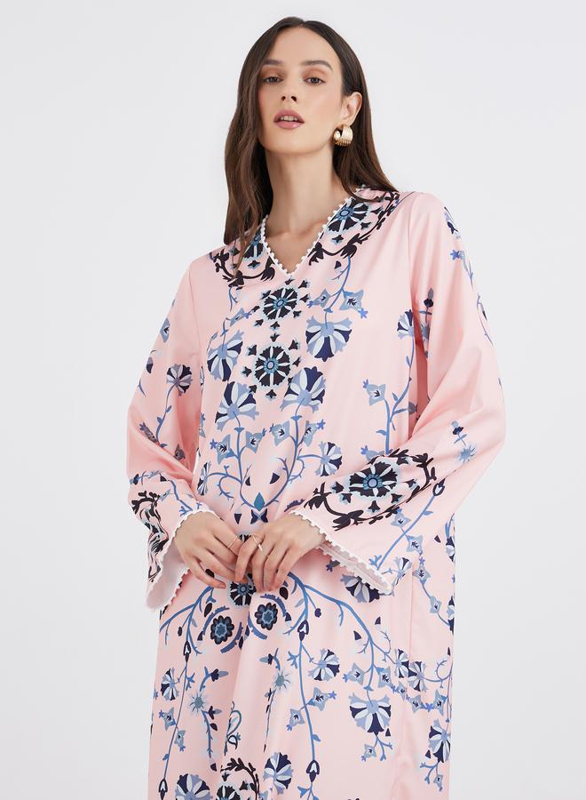 Amirah Peach Floral Print V Neck Jalabiya - Image 3