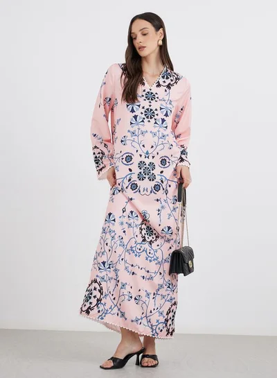 Amirah Amirah Peach Floral Print V Neck Jalabiya