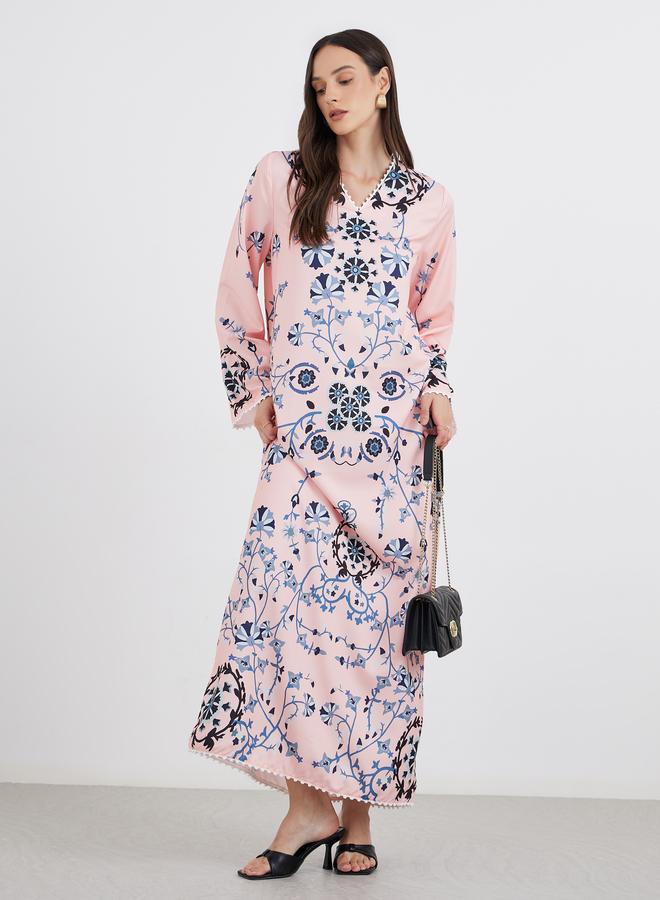 Amirah Peach Floral Print V Neck Jalabiya - Image 1