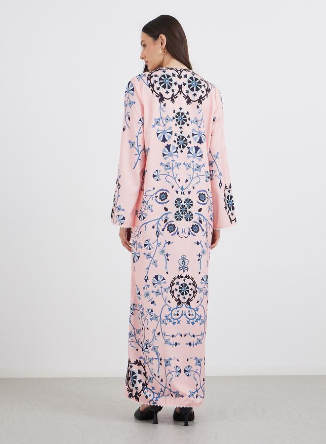 Amirah Peach Floral Print V Neck Jalabiya - Image 5