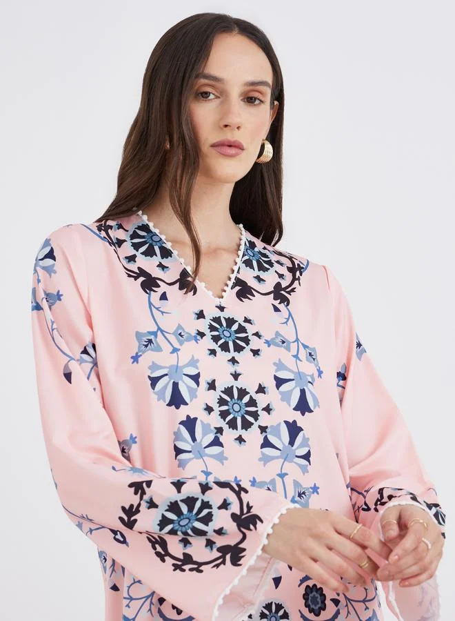 Amirah Amirah Peach Floral Print V Neck Jalabiya