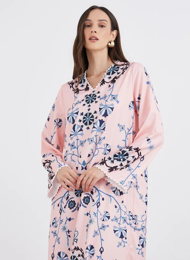 Amirah Peach Amirah Peach Floral Print V Neck Jalabiya for Women | Best Price UAE