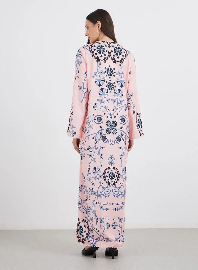 Amirah Peach Amirah Peach Floral Print V Neck Jalabiya for Women | Best Price UAE