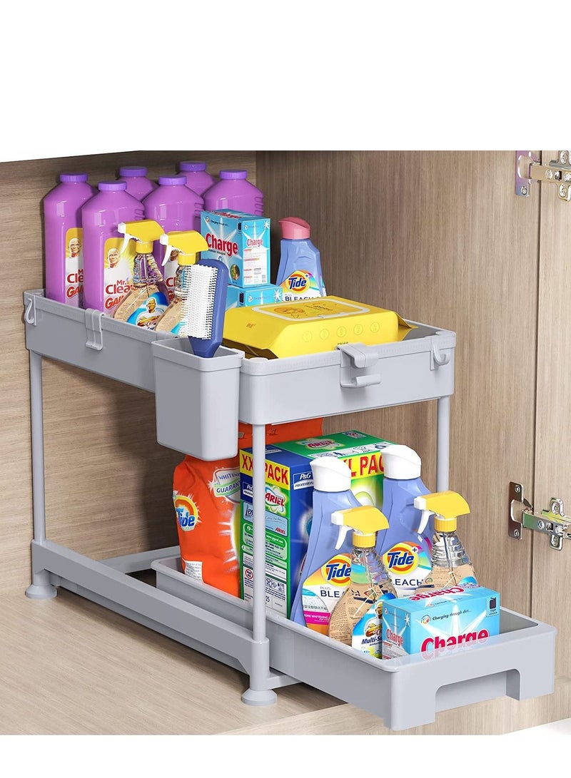MIXDE Under Sink Organizer Sliding Cabinet Basket Organizer 2 Tier Under Bathroom Storage Rack with Hooks,Hanging Cup,Dividers,Multi-purpose Storage Shelf for Bathroom Kitchen  - Image 1