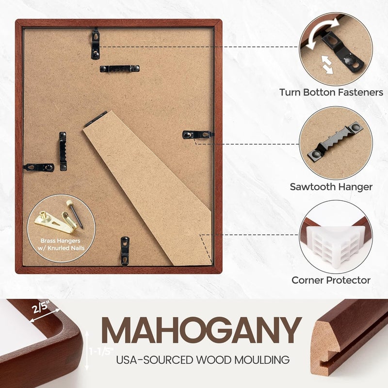 FLYJOE 6x8 Picture frame, USA-Sourced Natural Mahogany Wood Photo Frame with Tempered Glass, Handcrafted Rounded Corner 6 x 8 Wooden Frame Matted to 5x7 Photos, Wall or Tabletop Display - Image 5