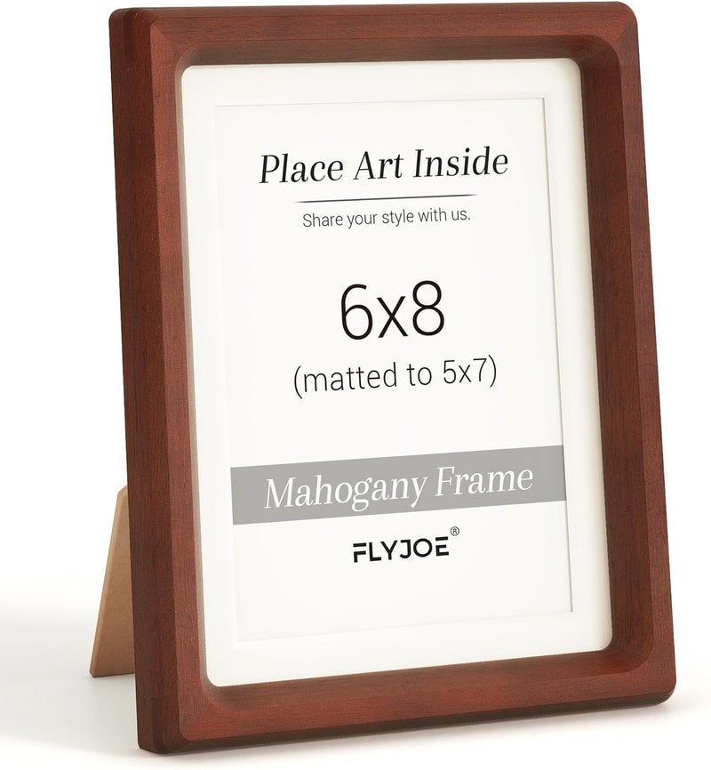 FLYJOE 6x8 Picture frame, USA-Sourced Natural Mahogany Wood Photo Frame with Tempered Glass, Handcrafted Rounded Corner 6 x 8 Wooden Frame Matted to 5x7 Photos, Wall or Tabletop Display - Image 1
