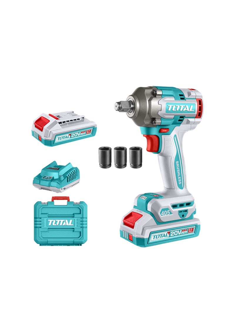 TOTAL 20V Cordless Impact Wrench, Brushless Motor, 405Nm Torque, 1/2 Inch Drive, with 2.0Ah Batteries, Charger, 3 Sockets (17mm, 19mm, 21mm), LED Light, Carrying Case - Image 1