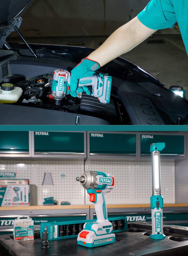 TOTAL 20V Cordless Impact Wrench, Brushless Motor, 405Nm Torque, 1/2 Inch Drive, with 2.0Ah Batteries, Charger, 3 Sockets (17mm, 19mm, 21mm), LED Light, Carrying Case - Image 2
